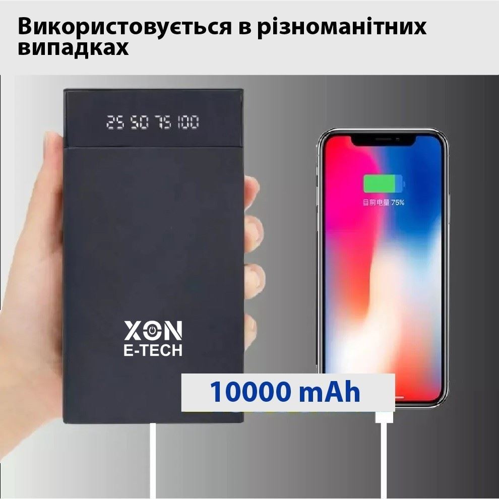 Портативна батарея 10000 mAh з функцією автозапуску XON PowerBank AutoCharge (TC1F) Black (5060948065856)