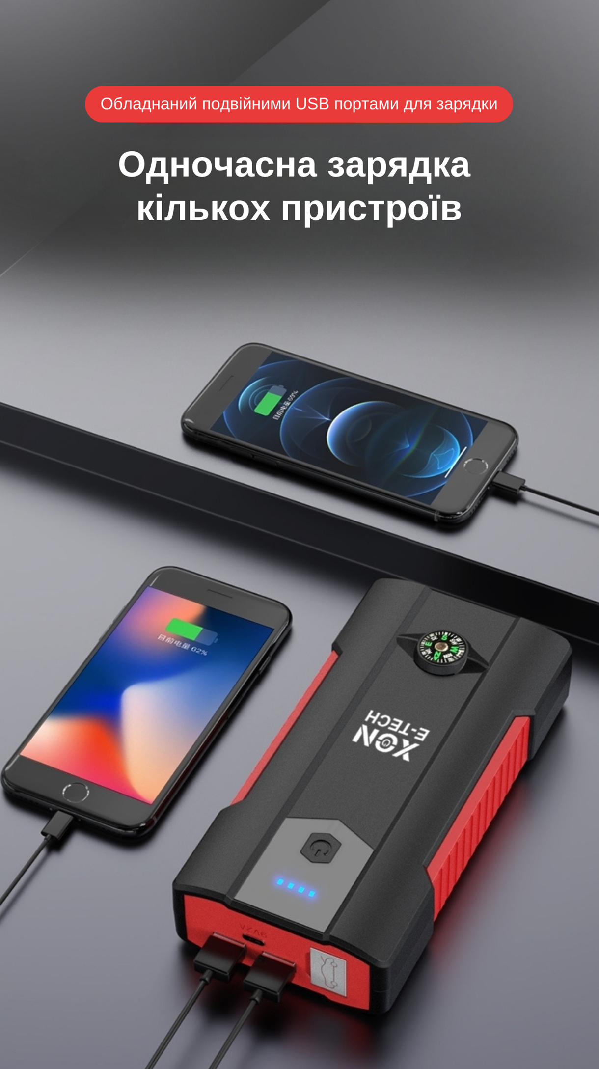 Портативна батарея 12000 mAh з функцією автозапуску 500A (peak 800A) XON PowerBoost (TC1S 5863) Чорна