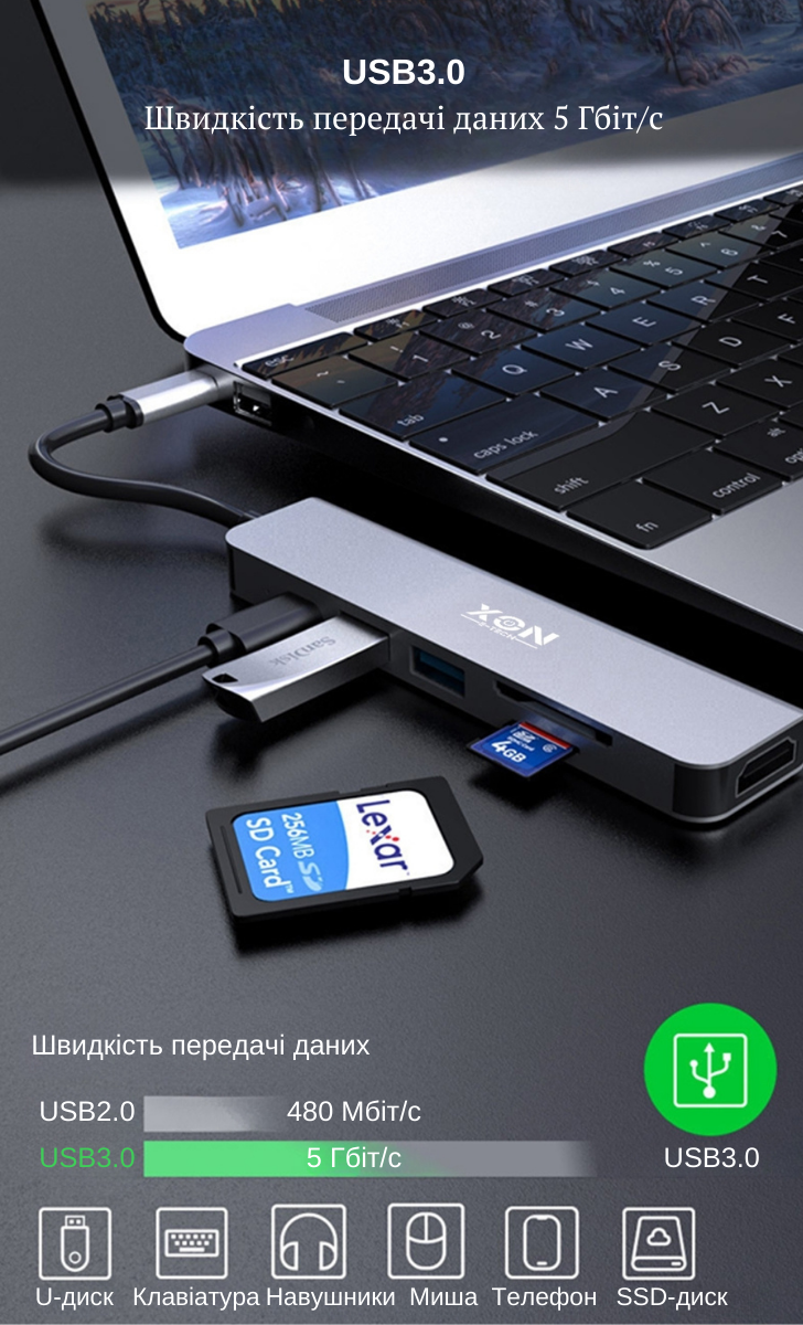 USB-хаб XON SmartHub 6 в 1 (HDMI, SD/TF, Type-C, 2xUSB3.0) Сірий (UHCHP063300G 5153)