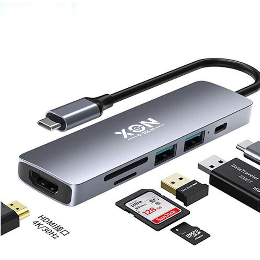 USB-хаб XON SmartHub 6 в 1 (HDMI, SD/TF, Type-C, USB3.0, USB2.0) Сірий (UHCHP062312G 5160)