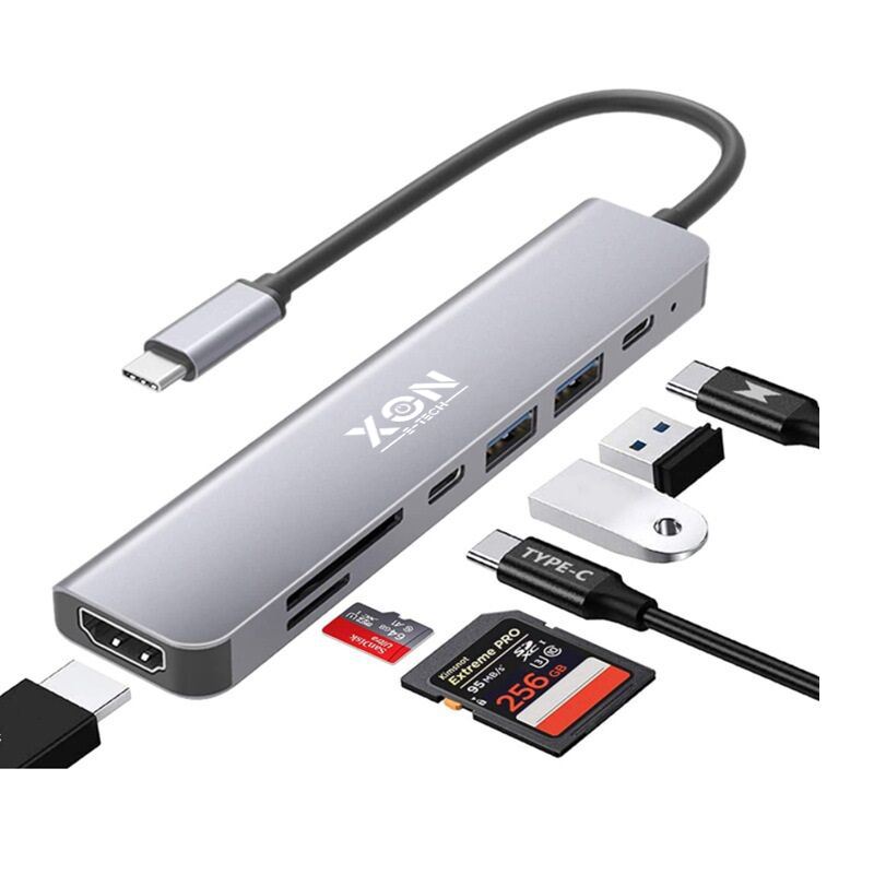 USB-хаб XON SmartHub 7 в 1 (HDMI, SD/TF, 2xType-C, 2xUSB3.0) Сірий (UHCHP074300G 5177)