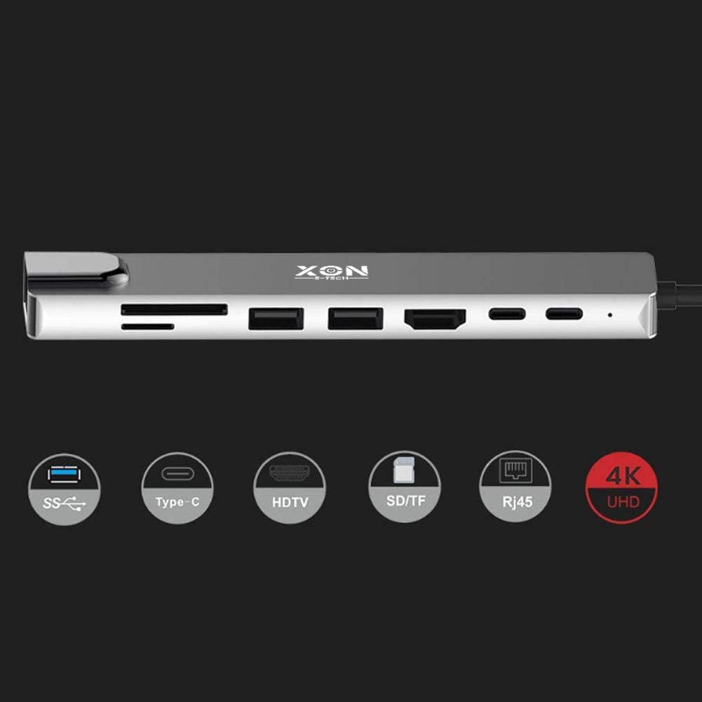 USB-хаб XON SmartHub 8 в 1 (Ethernet, HDMI, SD/TF, 2хType-C, 2xUSB3.0) Сірий (UHCHP084300G 5221)