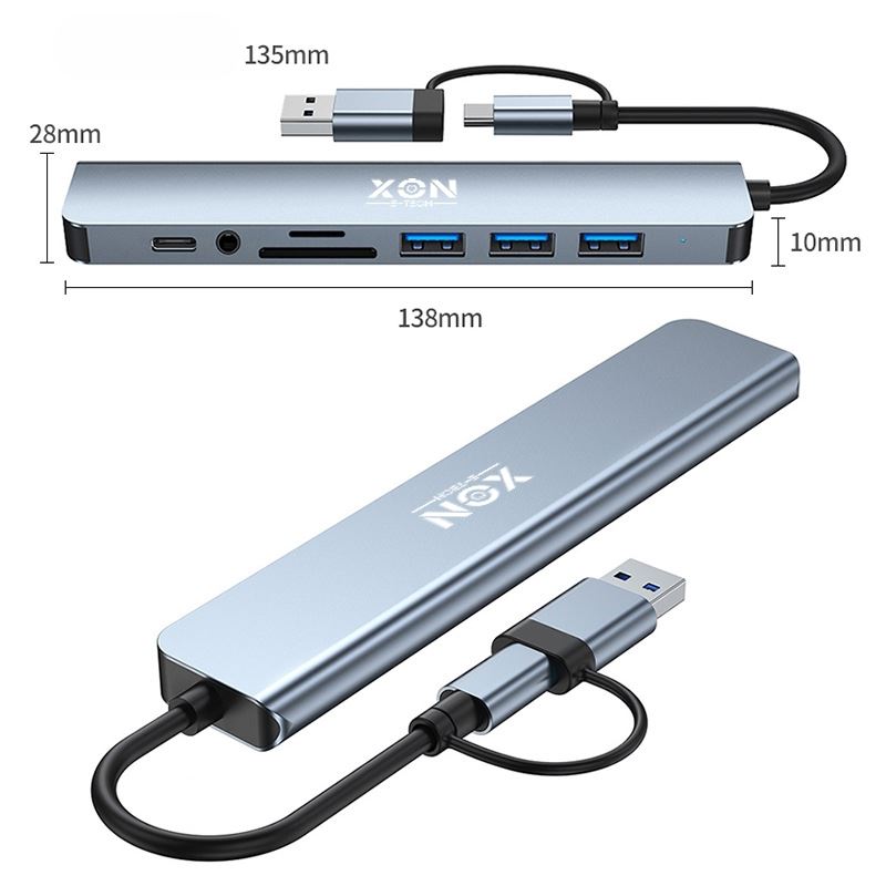 USB-хаб XON SmartHub 9 в 1 (Ethernet, SD/TF, 2xUSB2.0, 2xUSB3.0, Type-C, 3.5 Audio) Сірий (UHCHP093322G 5238)