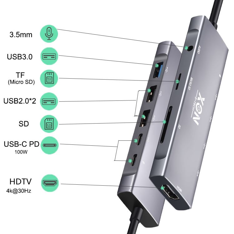 USB-хаб XON SmartHub 9 в 1 (HDMI, 3.5 Audio, SD/TF, 2xType-C, 3xUSB3.0) Сірий (UHCHP095300G 5245)