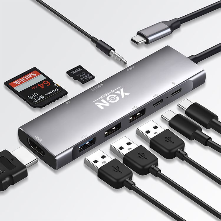 USB-хаб XON SmartHub 9 в 1 (HDMI, 3.5 Audio, SD/TF, 2xType-C, 3xUSB3.0) Сірий (UHCHP095300G 5245)