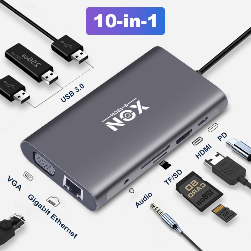 USB-хаб XON SmartHub 10 в 1 (Ethernet, VGA, HDMI, 3.5 Audio, SD/TF, Type-C, 3xUSB3.0) Сірий (UHCHP104300G 5252)