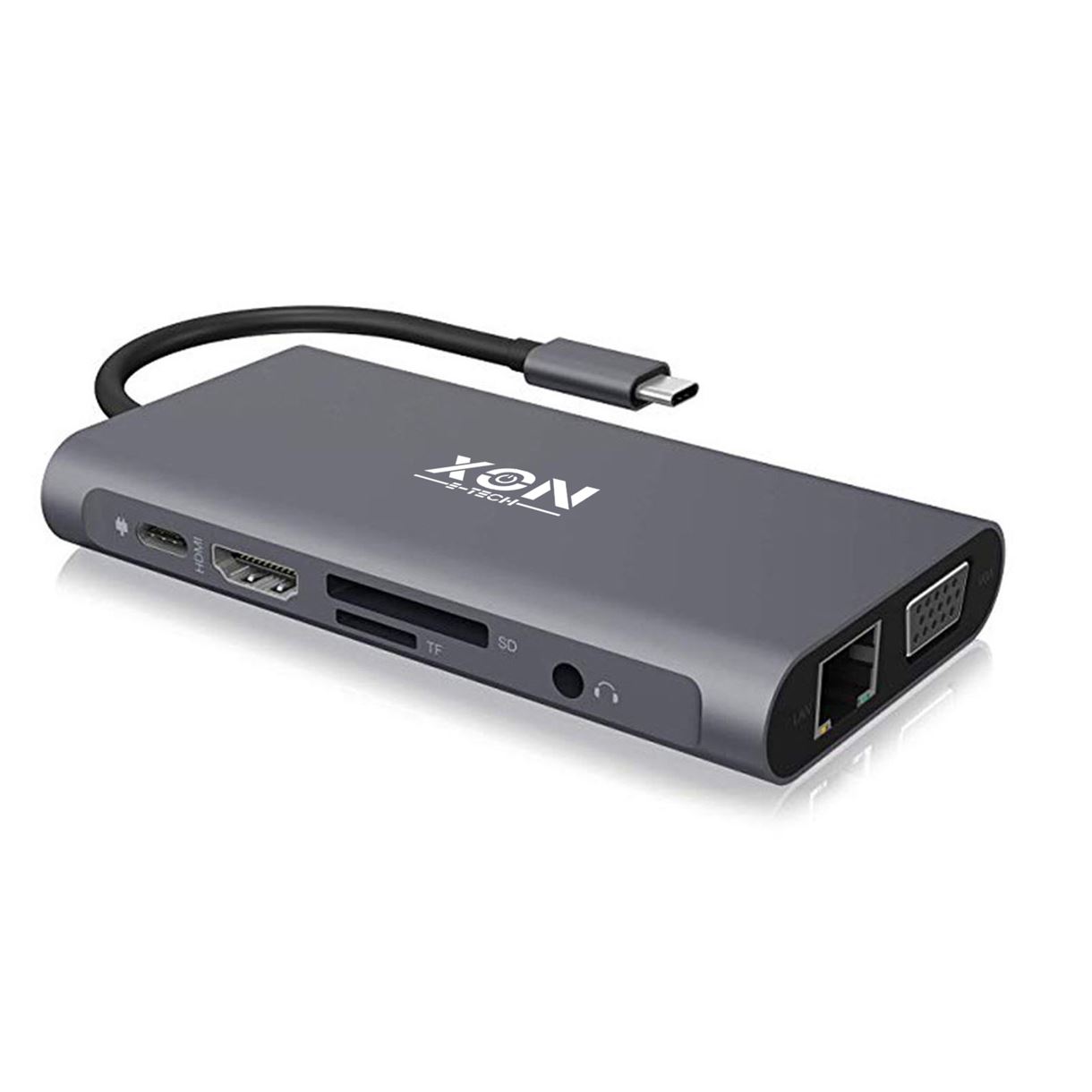 USB-хаб XON SmartHub 10 в 1 (Ethernet, VGA, HDMI, 3.5 Audio, SD/TF, Type-C, 3xUSB3.0) Сірий (UHCHP104300G 5252)