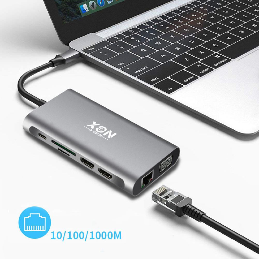 USB-хаб XON SmartHub 12 в 1 (Ethernet, VGA, 2xHDMI, 3.5 Audio, SD/TF, Type-C, 4xUSB3.1) Сірий (UHCHP125300G 5283)