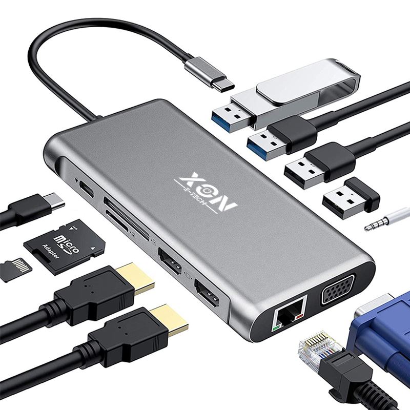 USB-хаб XON SmartHub 12 в 1 (Ethernet, VGA, 2xHDMI, 3.5 Audio, SD/TF, Type-C, 4xUSB3.1) Сірий (UHCHP125300G 5283)