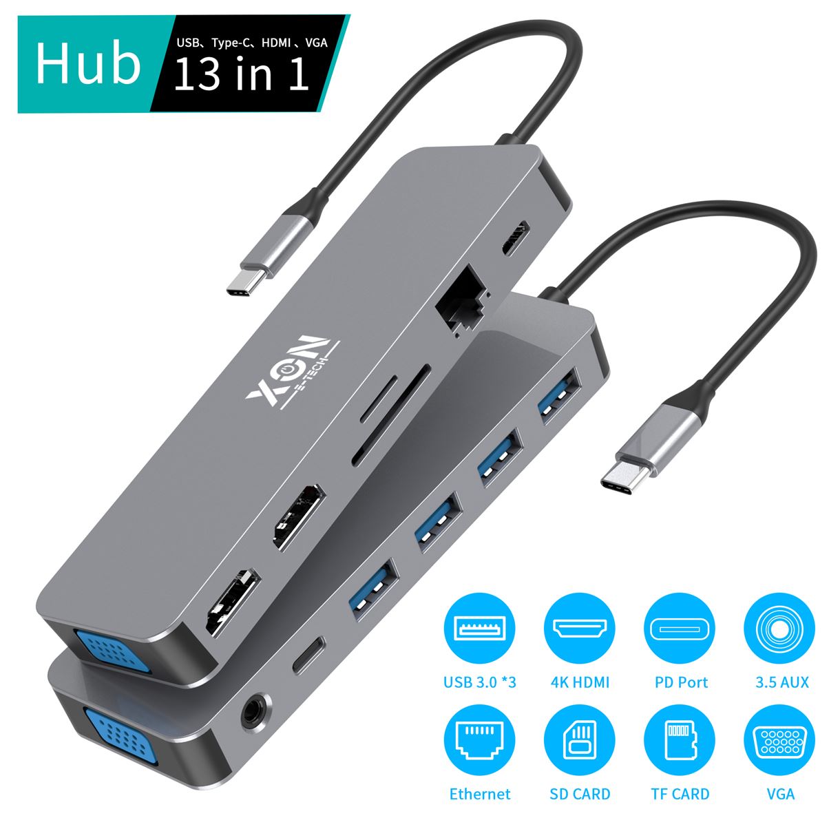 USB-хаб XON SmartHub 13 в 1 (Ethernet, VGA, 2xHDMI, 3.5 Audio, SD/TF, 2xType-C, 2xUSB3.0, 2xUSB2.0) Сірий (XUCHP134322G 5290)