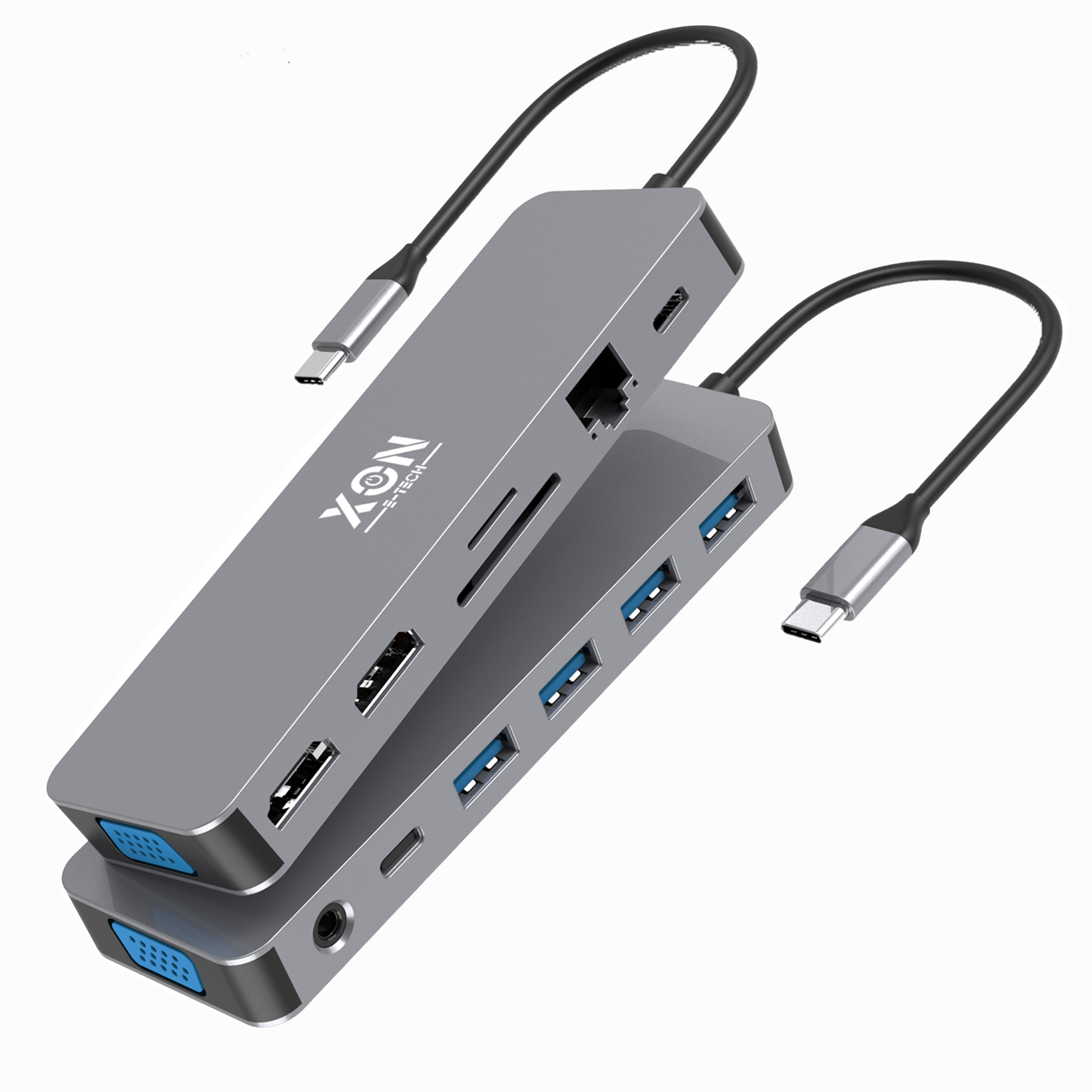 USB-хаб XON SmartHub 13 в 1 (Ethernet, VGA, 2xHDMI, 3.5 Audio, SD/TF, 2xType-C, 2xUSB3.0, 2xUSB2.0) Сірий (XUCHP134322G 5290)