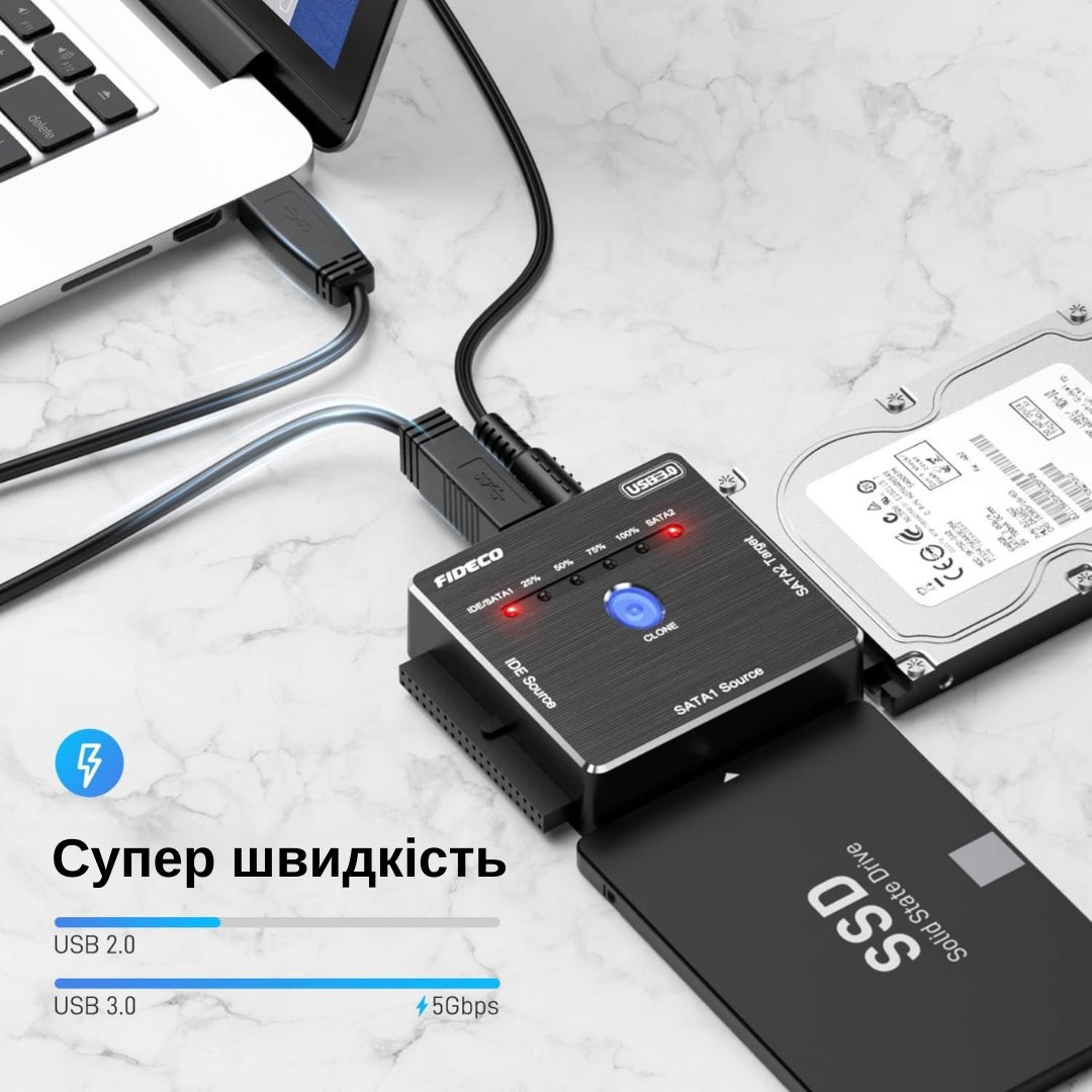 Док-станция клонировщик Fideco для 2.5"/3.5“ SATA/IDE HDD/SSD USB 3.0 (FDS4CA0SI3PB 2650) Черная